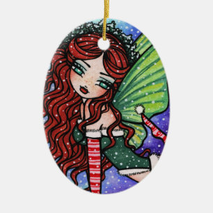 Christmas Snow Irish Fae Fairy Art by Hannah Lynn Ceramic Tree Decoration