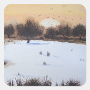 Christmas snow landscape with snow covered trees square sticker