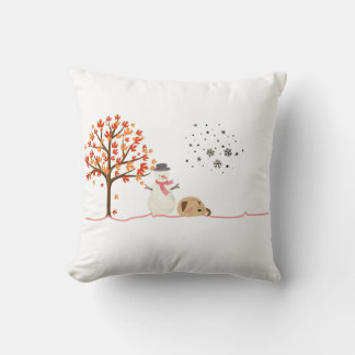 christmas snow man and dog on a snowy day cushion