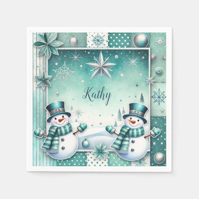 Christmas: snow man turquoise napkin (Front)