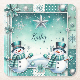 Christmas: snow man turquoise square paper coaster