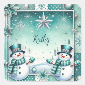 Christmas: snow man turquoise square sticker
