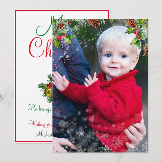 Christmas Snow Overlay Personalise Photo Flat Card (Front/Back)