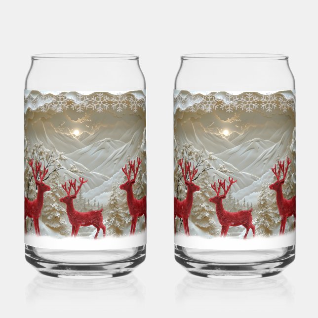 Christmas Snow Red Velvet Reindeer Snowy Mountain  Can Glass (Front)