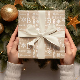 Christmas Snow Repeating Name Personalised Kraft Wrapping Paper