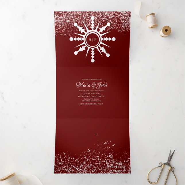 Christmas Snow Scene Snowflake  Logo Wedding Tri-Fold Invitation (Inside)