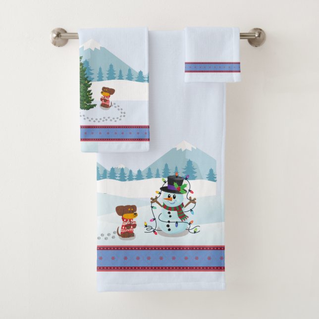 Christmas Snow Scene with Snowman and Puppy Bath Towel Set (Insitu)