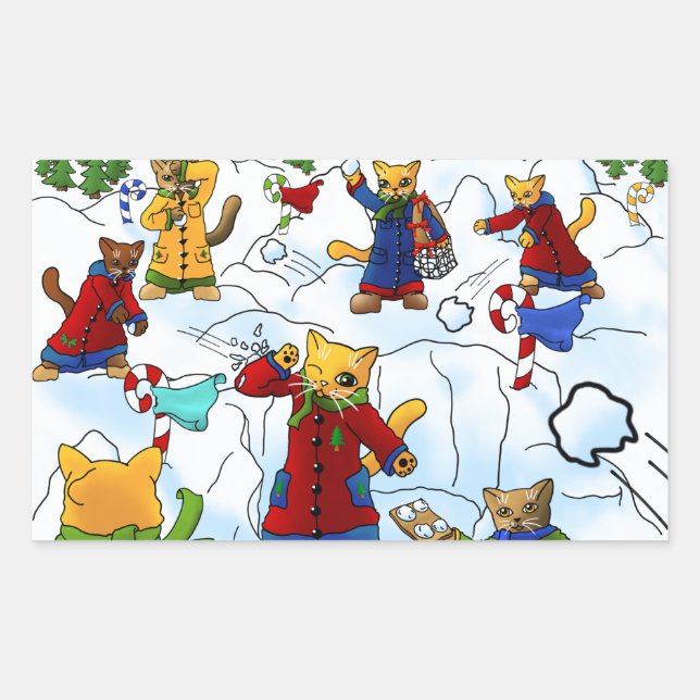 Christmas Snowball Fight Cats Rectangular Sticker (Front)