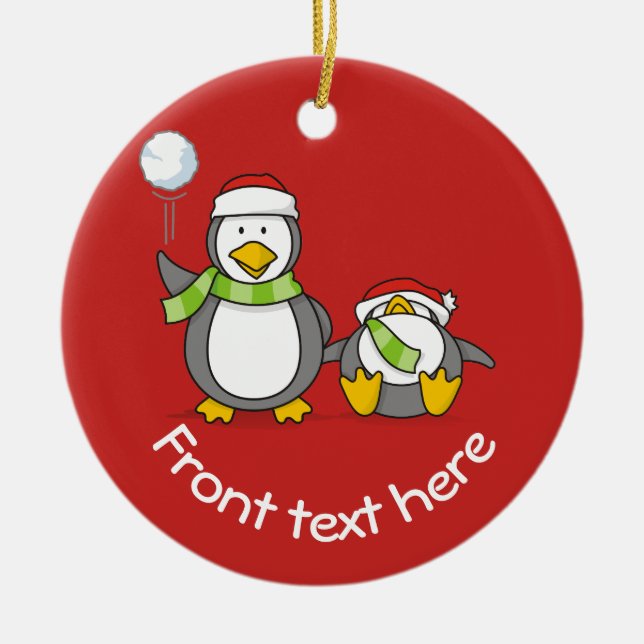 Christmas Snowballing penguins Ceramic Tree Decoration (Front)