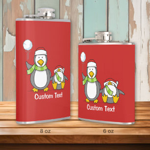 Christmas Snowballing penguins Hip Flask