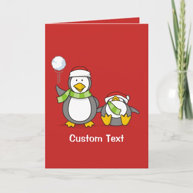 Christmas Snowballing penguins Holiday Card (Front)