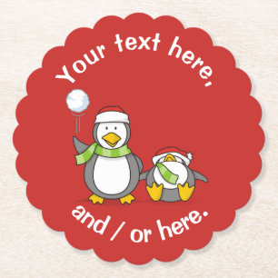 Christmas Snowballing penguins Paper Coaster
