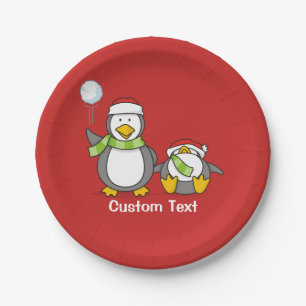 Christmas Snowballing penguins Paper Plate
