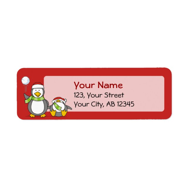 Christmas Snowballing penguins Return Address Label (Front)
