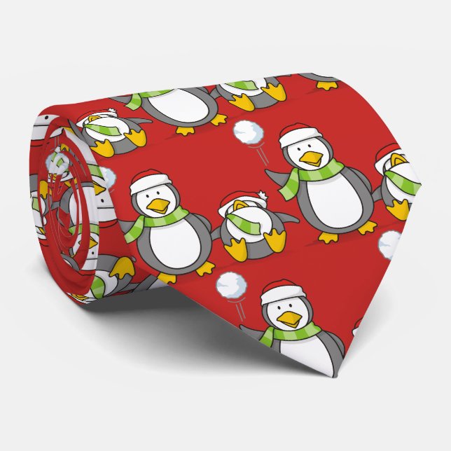 Christmas Snowballing penguins Tie (Rolled)