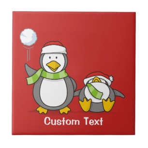 Christmas Snowballing penguins Tile
