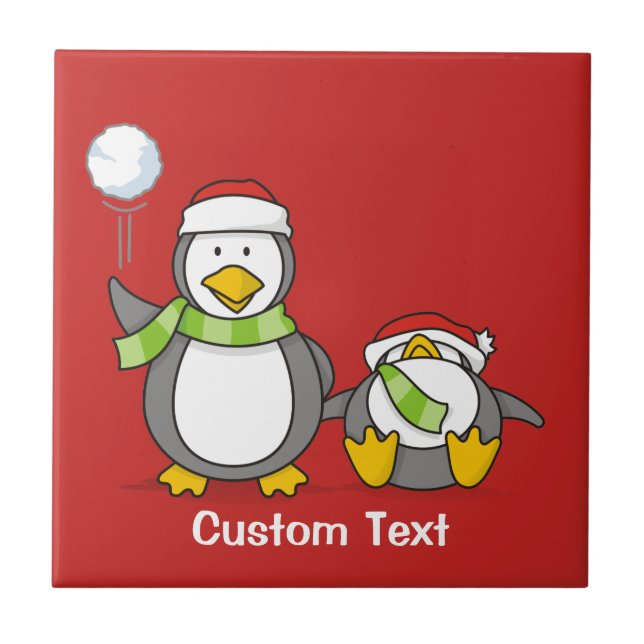 Christmas Snowballing penguins Tile (Front)