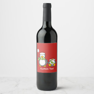Christmas Snowballing penguins Wine Label