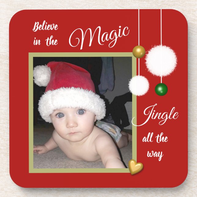 Christmas snowballs baubles red photo coaster (Front)