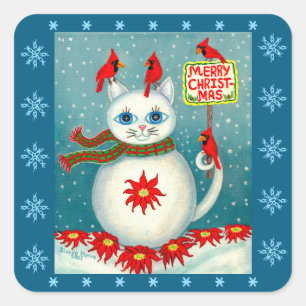 Christmas Snowcat Cardinal Bird Snowman Poinsettia Square Sticker