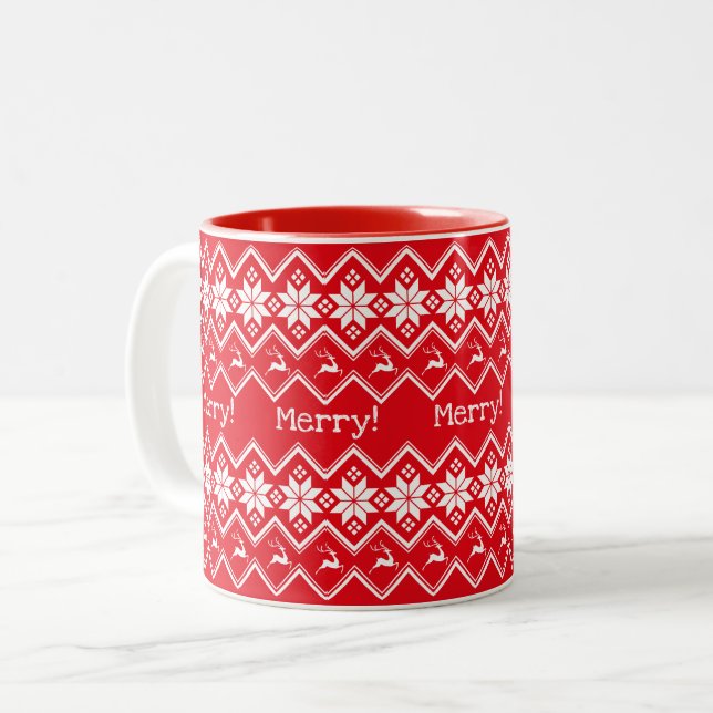 Christmas Snowflake and Deer Merry! Merry! Two-Tone Coffee Mug (Front Left)