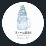 Christmas Snowflake Blue Milkshake Address Classic Round Sticker<br><div class="desc">Illustration of blue milkshake in mason jar topped with whipped cream,  snowflake sprinkles,  and Christmas cookie.</div>