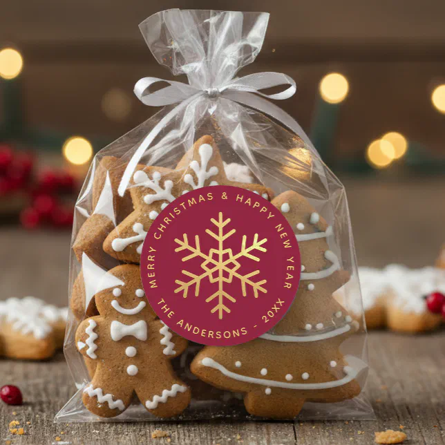 Christmas Snowflake Burgundy Faux Gold Elegant Classic Round Sticker ...