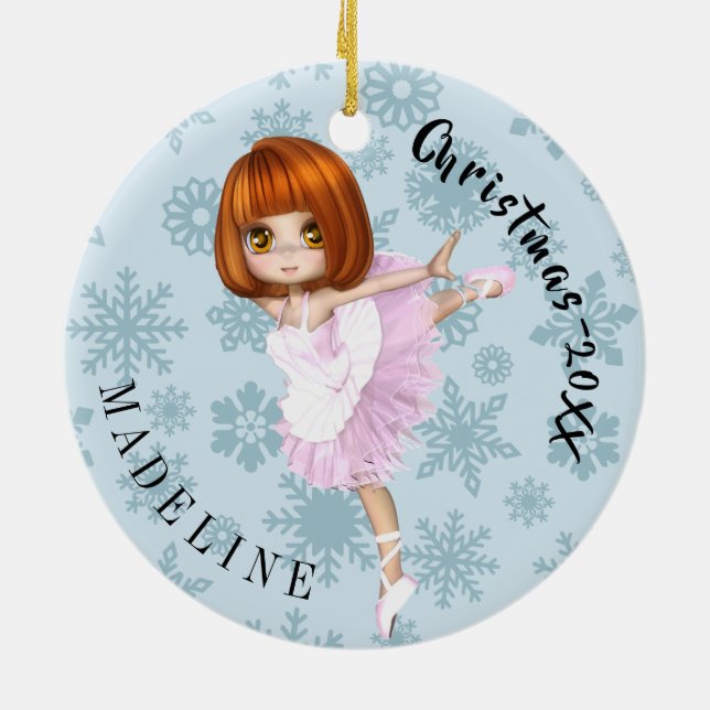 Christmas Snowflake Cute Ballerina Photo Blue Ceramic Ornament (Back)