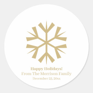 Christmas snowflake gold white custom name date classic round sticker