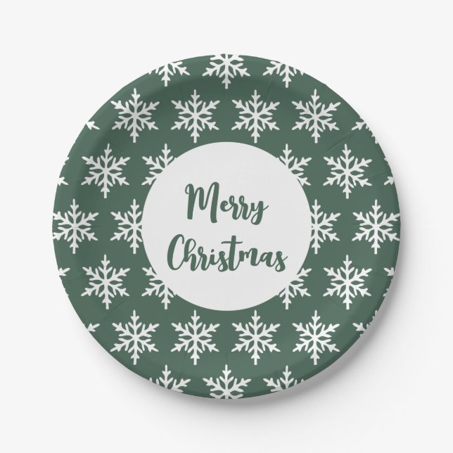 Christmas Snowflake Green Minimalist Holiday Party Paper Plate (Front)