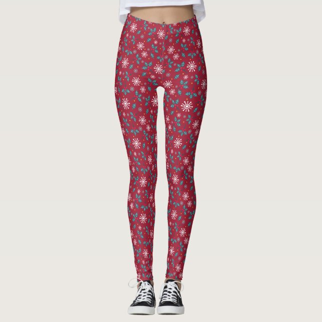 Christmas Snowflake Leggings, Red Leggings (Front)