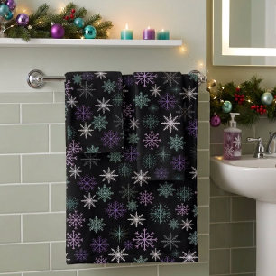 Christmas Snowflake Pattern Black Purple Mint Teal Bath Towel Set