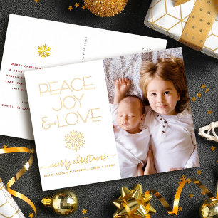 Christmas Snowflake Peace Joy Love Photo Real Gold Foil Holiday Postcard