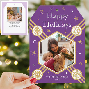 Christmas Snowflake Photo Name Purple Flat Tag Holiday Card