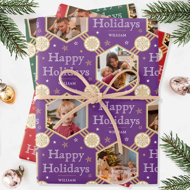 Christmas Snowflake Photo Purple Red Green 3 Wrapping Paper Sheet (Creator Uploaded)