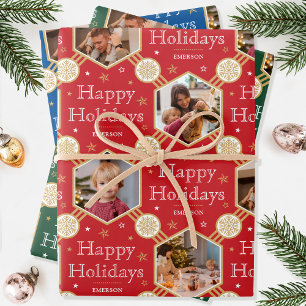 Christmas Snowflake Photo Red Green Blue 3 Wrapping Paper Sheet