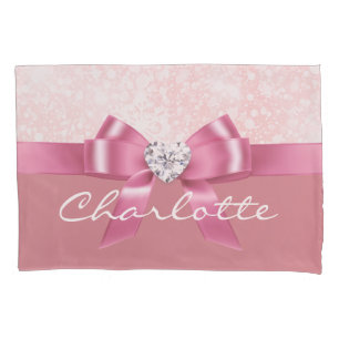Christmas Snowflake Pink Glossy Ribbon And Diamond Pillowcase