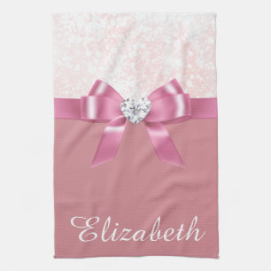 Christmas Snowflake Pink Glossy Ribbon And Diamond Tea Towel