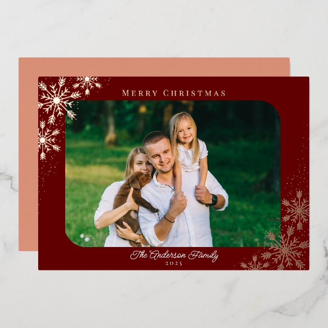Christmas Snowflake Rounded Corner Photo Rose Gold Foil Holiday Card (Front/Back)