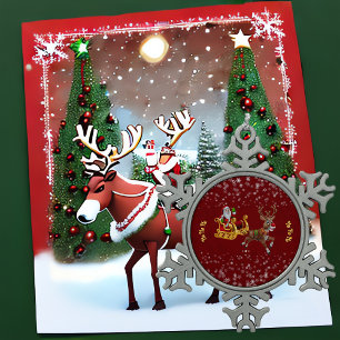 Christmas Snowflake Santa Ho Ho Ho Reindeer Sleigh Snowflake Pewter Christmas Ornament