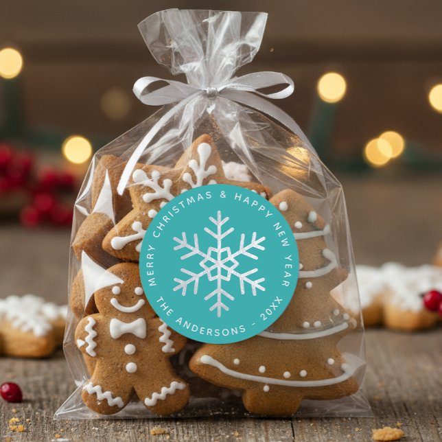 Christmas Snowflake Teal Elegant Faux Silver Foil  Classic Round Sticker (Creator Uploaded)