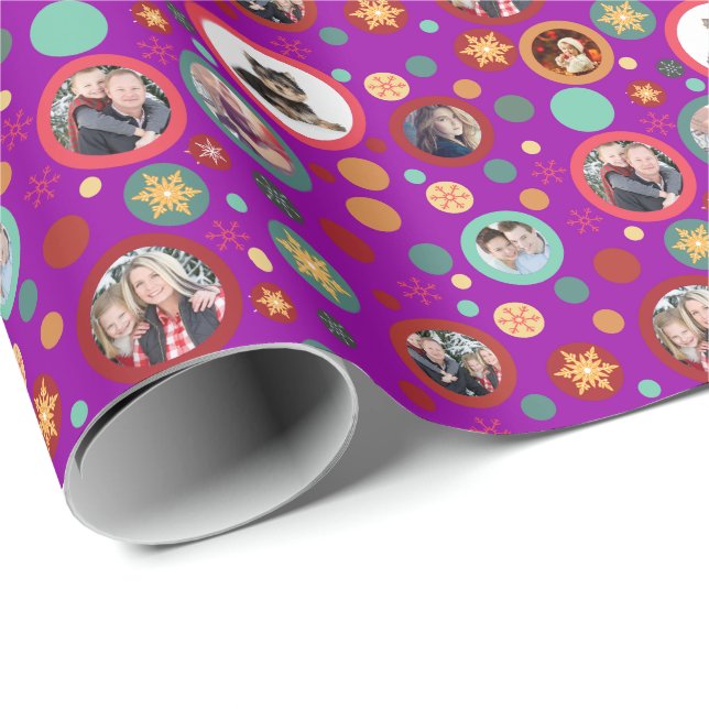 Christmas Snowflakes 8 Family Photos Purple Wrapping Paper (Roll Corner)