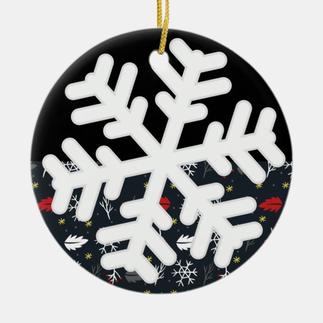 Christmas Snowflakes and Leaves with Black Back Ca Ceramic Ornament (Front)