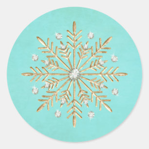 Christmas Snowflakes Aqua & Gold Classic Round Sticker
