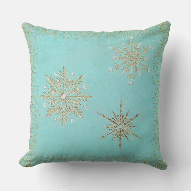 Christmas Snowflakes Aqua & Gold Glitter Cushion (Front)