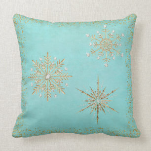 Christmas Snowflakes Aqua & Gold Glitter Cushion