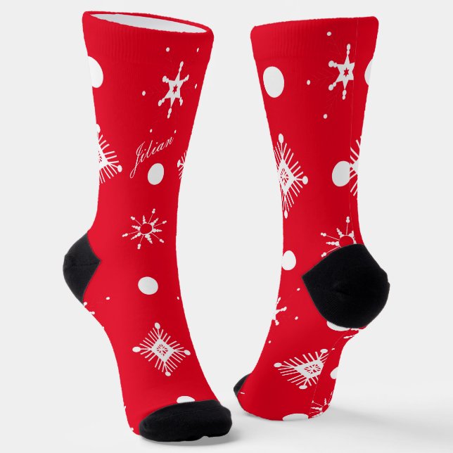 Christmas Snowflakes Black White Script Name Red S Socks (Angled)