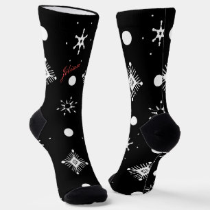 Christmas Snowflakes Black White Script Name Red Socks