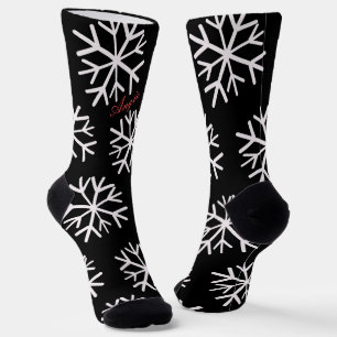 Christmas Snowflakes  Black White Script Name Socks