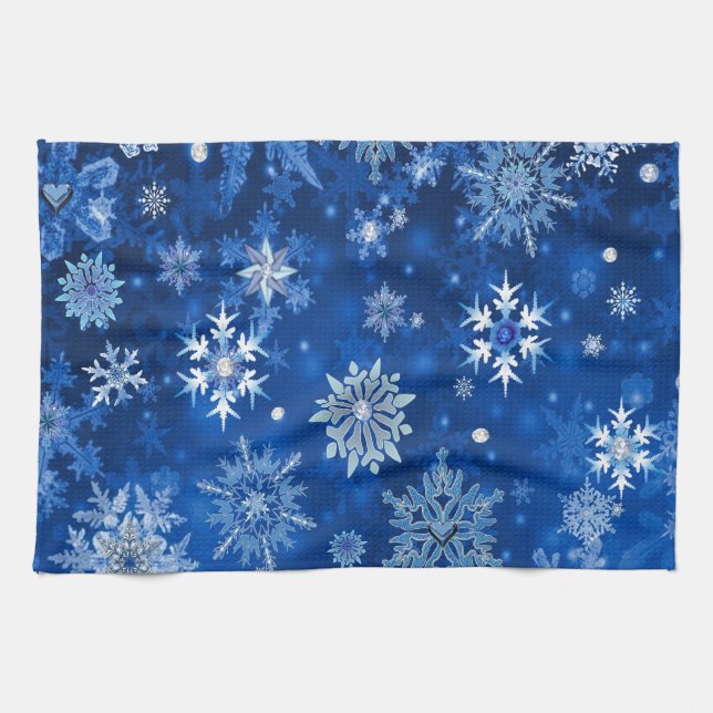 Christmas Snowflakes Blue and Silver Tea Towel (Horizontal)